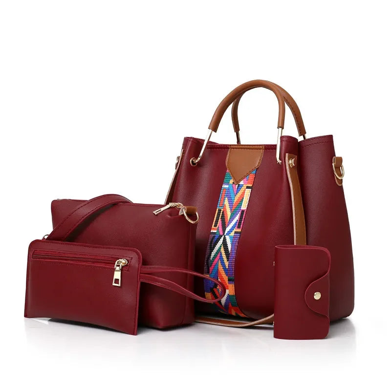 4 Pcs Luxury Handbag Set | Large Capacity Tote Bag, Fashion Shoulder Bag, Wallet & Card Case for Women (Patchwork)