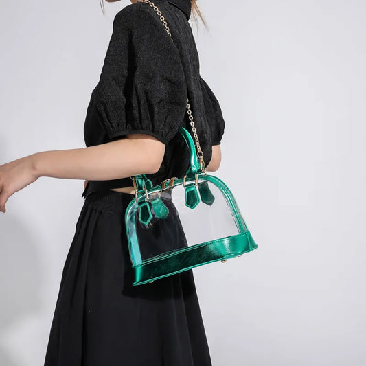Transparent Jelly Women's Clutch Handbag | PU Leather Top Handle Metal Chain Crossbody Shoulder Tote Bag (Casual Messenger Purse)