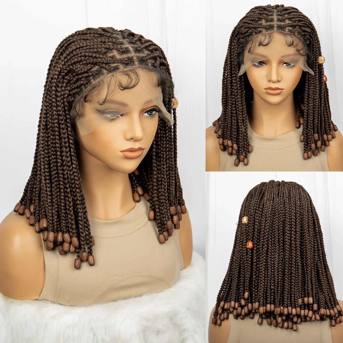 14" Short Bob Box Braided Wig with Beads | Knotless Braids | Synthetic Lace Front Wig | Baby Hair