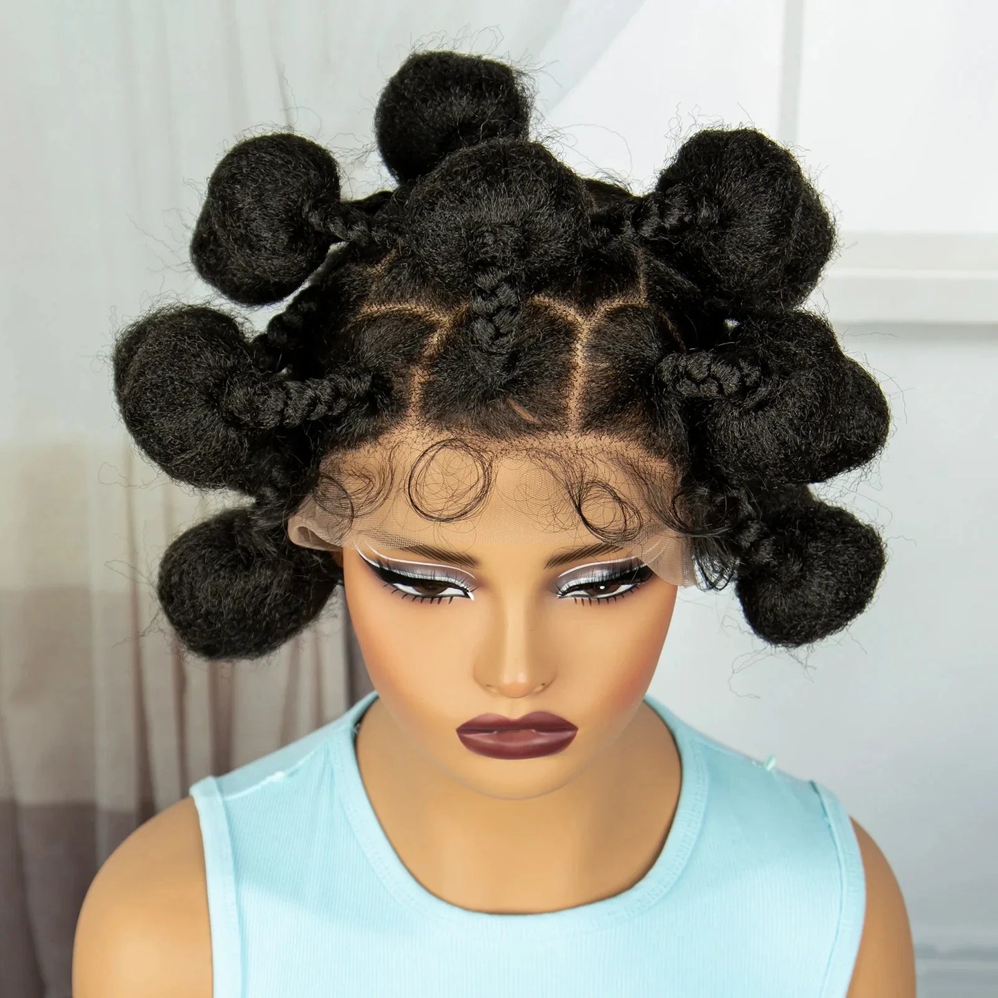 Short Cute Handmade Bantu Knotless Braids Wig | Transparent Full Lace Frontal