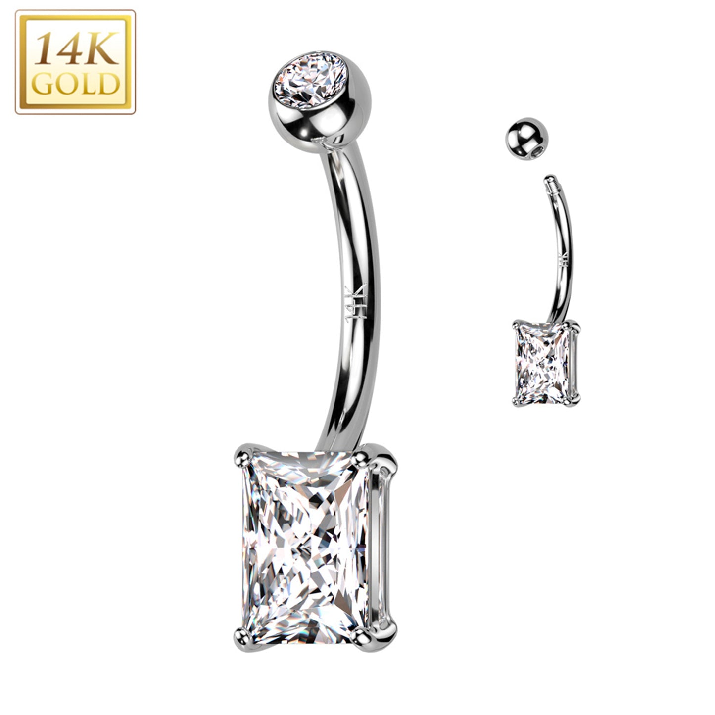 14k Solid White Gold 6mm Princess Cubic Zirconia Belly Ring