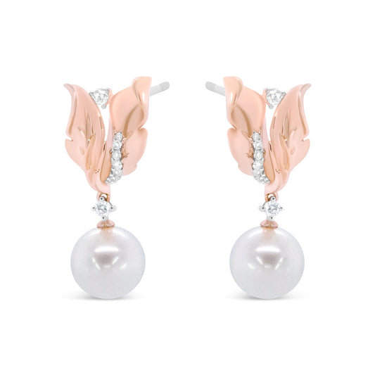 14K Rose Gold 1/6 Cttw Round Diamond and 8mm Round Pearl Floral Drop Stud Earrings (H-I Color, I1-I2 Clarity)