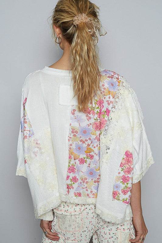 POL Floral Lace Patch Round Neck Double Gauze Top