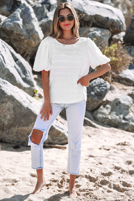 Luella Frilled Lace Trim Bubble Sleeve Blouse