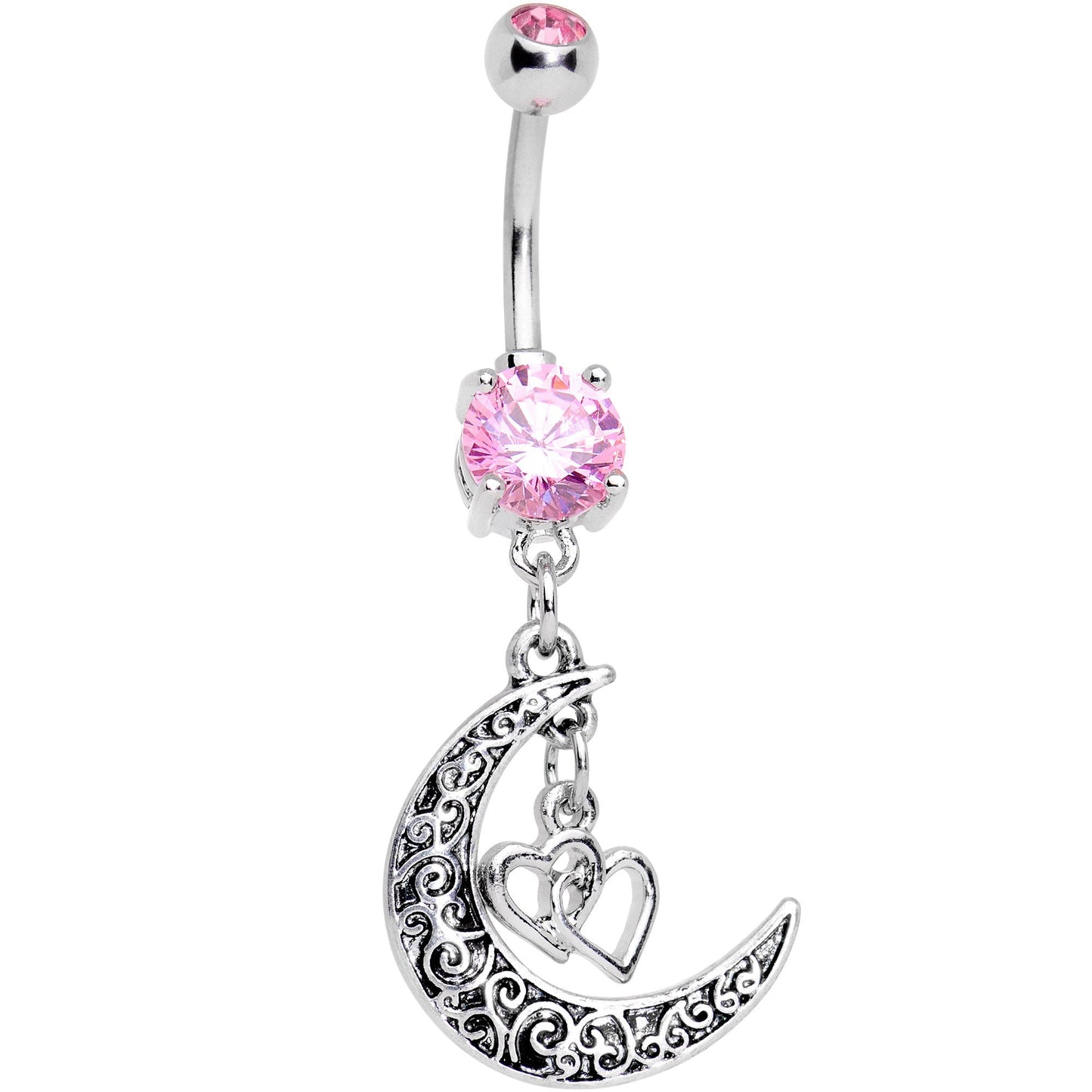 Pink Gem Moon Full of Love Dangle Belly Ring