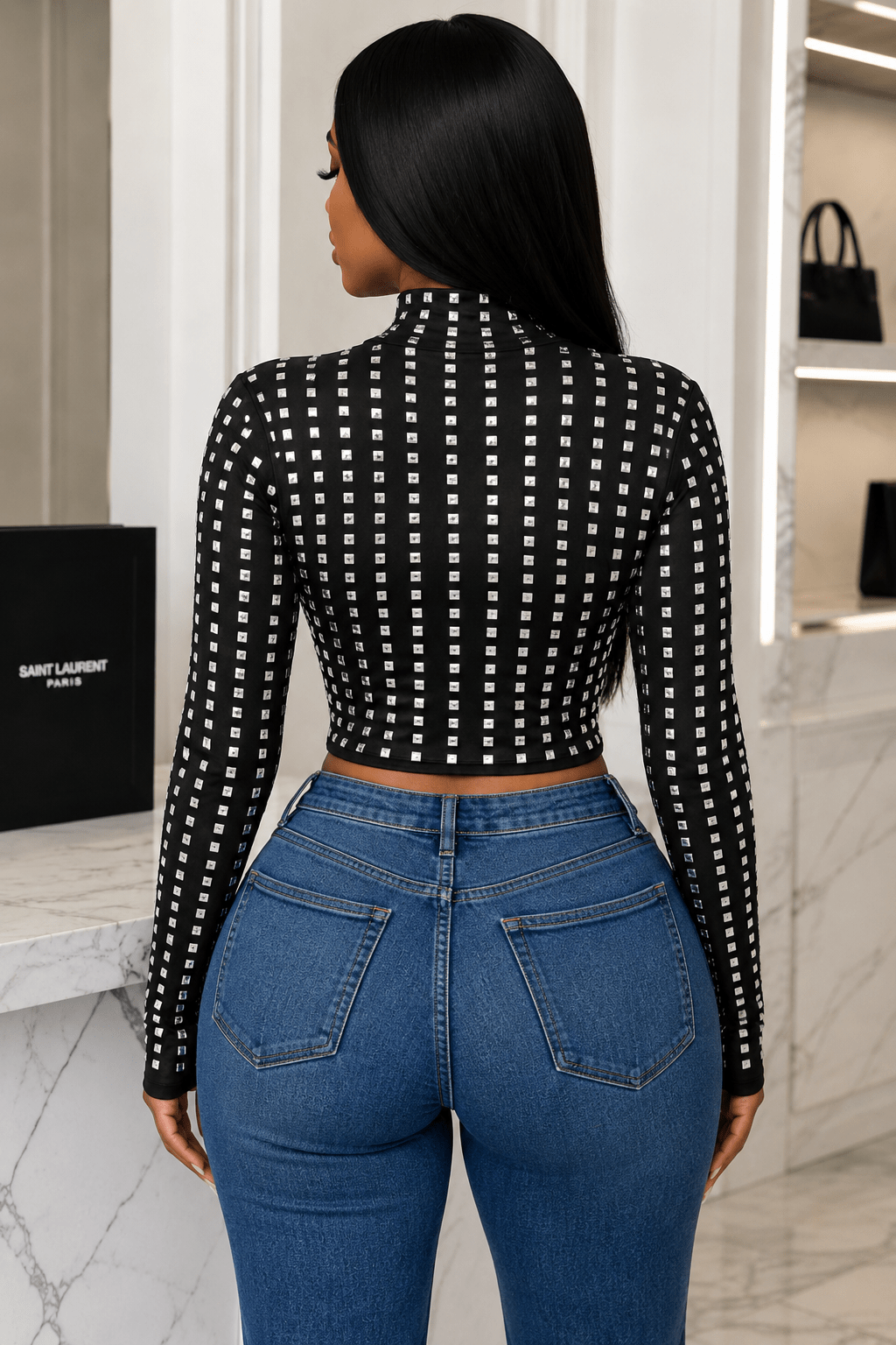 Astrid Noir Crystal Embellished Long Sleeve Mock Neck Top