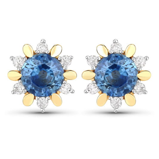 1.87 Carat Genuine Blue Sapphire and White Diamond 14K Yellow Gold Earrings