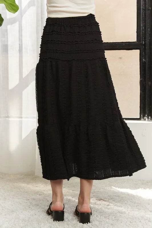ADORA Elastic Waistband Tiered Midi Skirt
