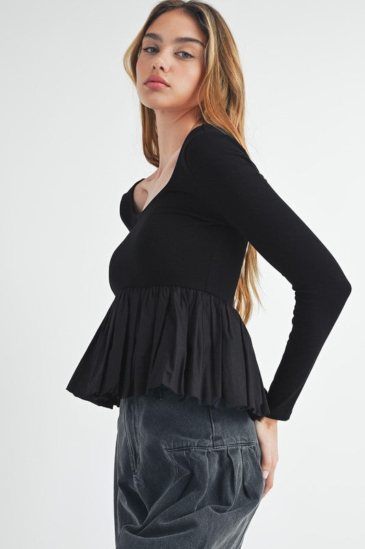 Knit Long Sleeve Scoop Neck Peplum Patchwork Top