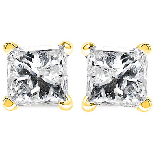 AGS Certified 1/4 Cttw Princess-Cut Square Diamond 4-Prong Solitaire Stud Earrings in 14K Yellow Gold (J-K Color, SI2-I1 Clarity)