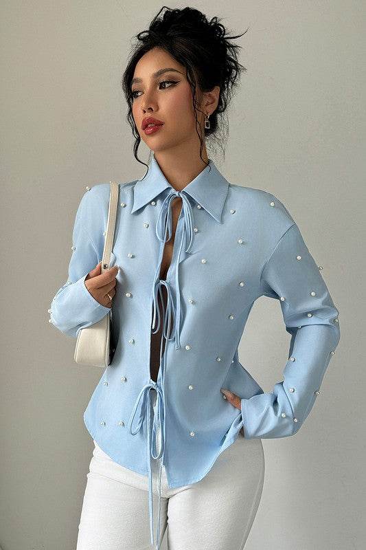 Solid Tie Front Pearl Embellished Fit Blouse