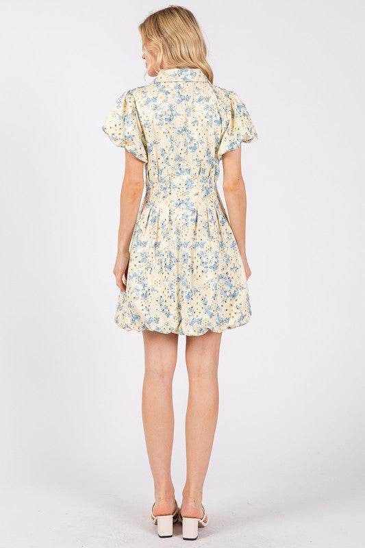 GeeGee Floral Eyelet Zipper Front Puff Sleeve Mini Dress