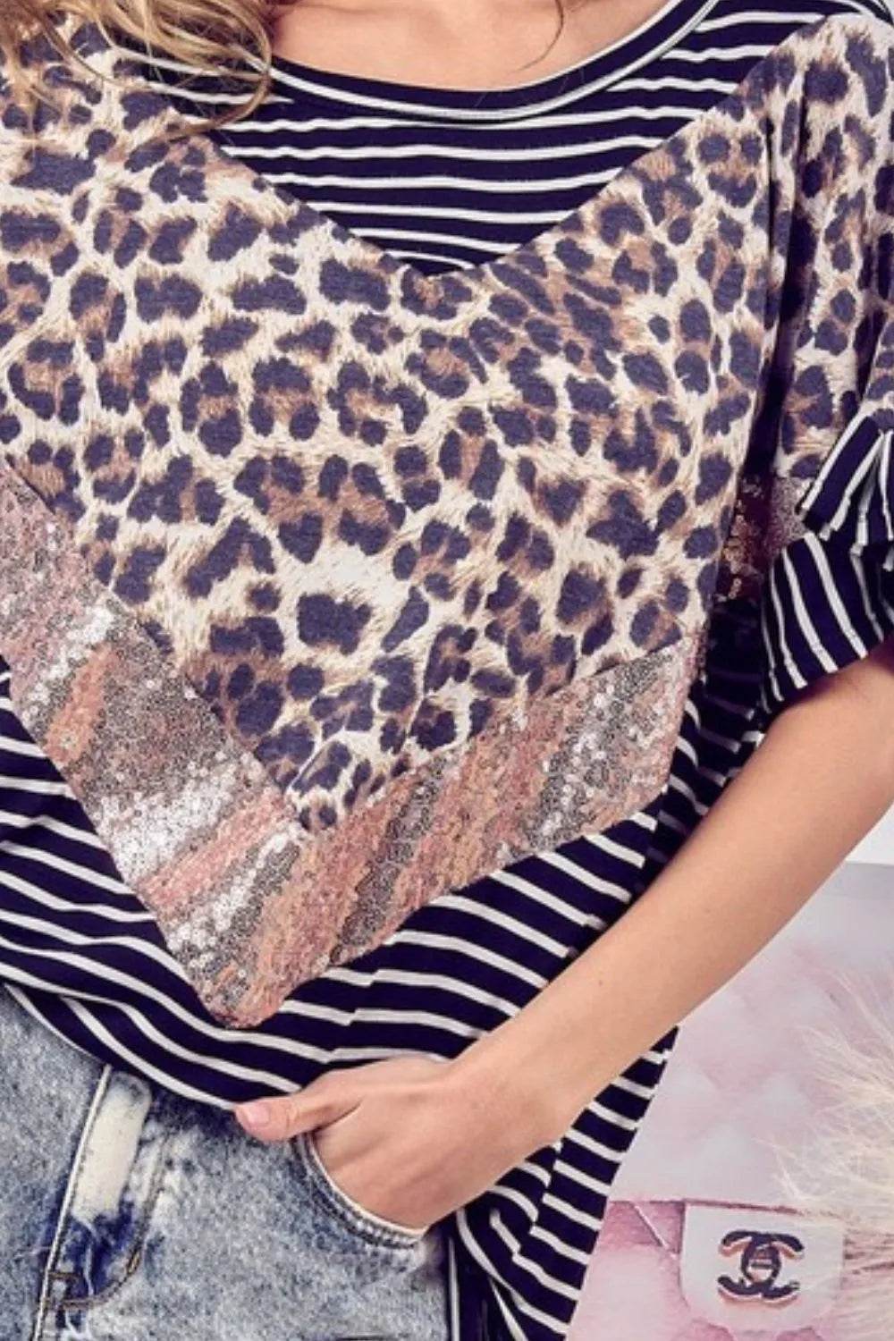 BiBi Stripe Rayon Span Knit Color Block Top With Leopard