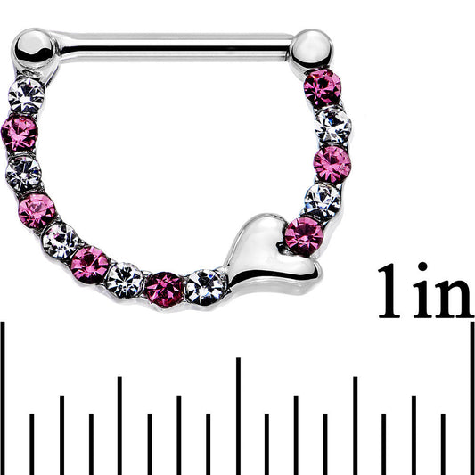 14G 1/2 Clear and Pink Gem Steel Heart Nipple Clicker Set