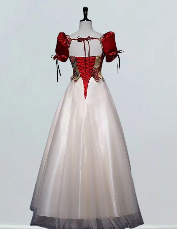 Red printed satin prom dress boat neckline long tulle ball gown plus size lace up evening dress gown