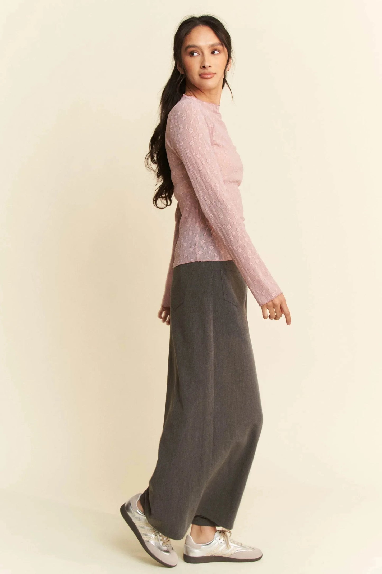 Davi & Dani Long Sleeve Sheer Small Embroidered Bows Lace Top