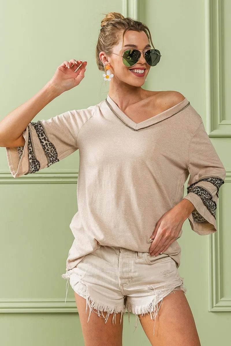 BiBi Triblend Knit Top with Leopard Band Detail