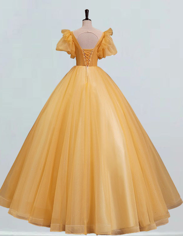 Blue scoop gold lace beaded long short sleeve ball gown prom dress