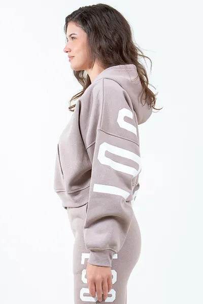 American Bazi Letter Graphic Long Sleeve Drawstring Cropped Hoodie