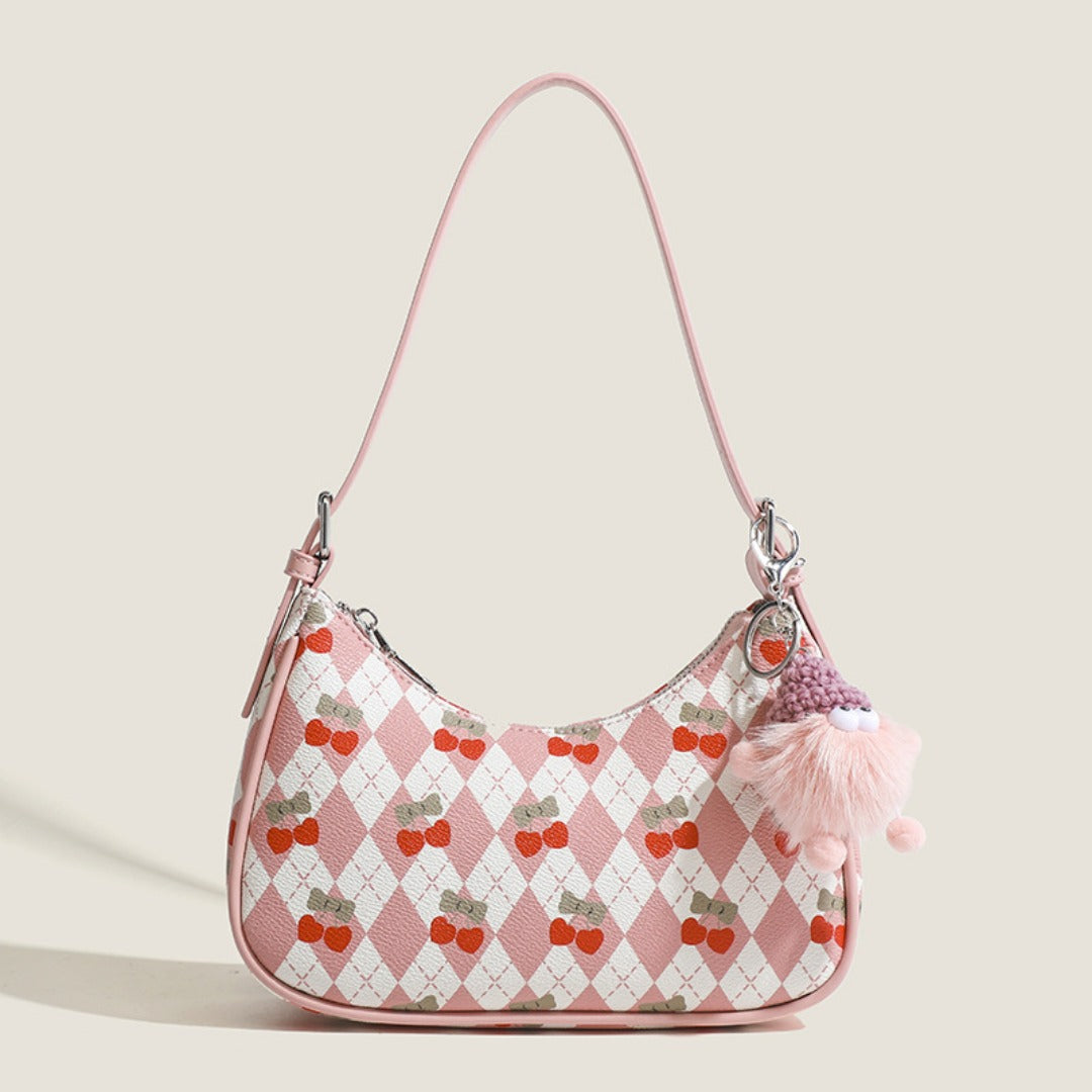 Small versatile underarm bag, cute cherry pattern shoulder bag, top handle bag, crescent bag hobo