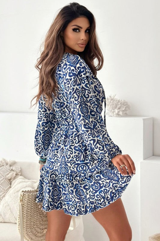 Women Print Lace up V Neck Long Sleeve Mini Dress