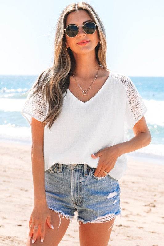Novah Lace Crochet Textured Button Back Top