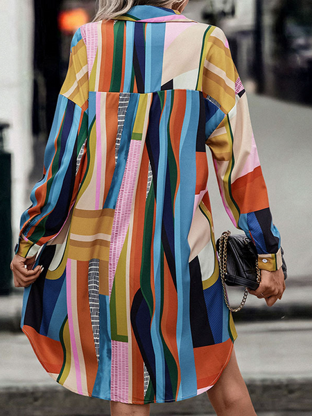 Long Sleeve Printed Lapel Shirt Dress