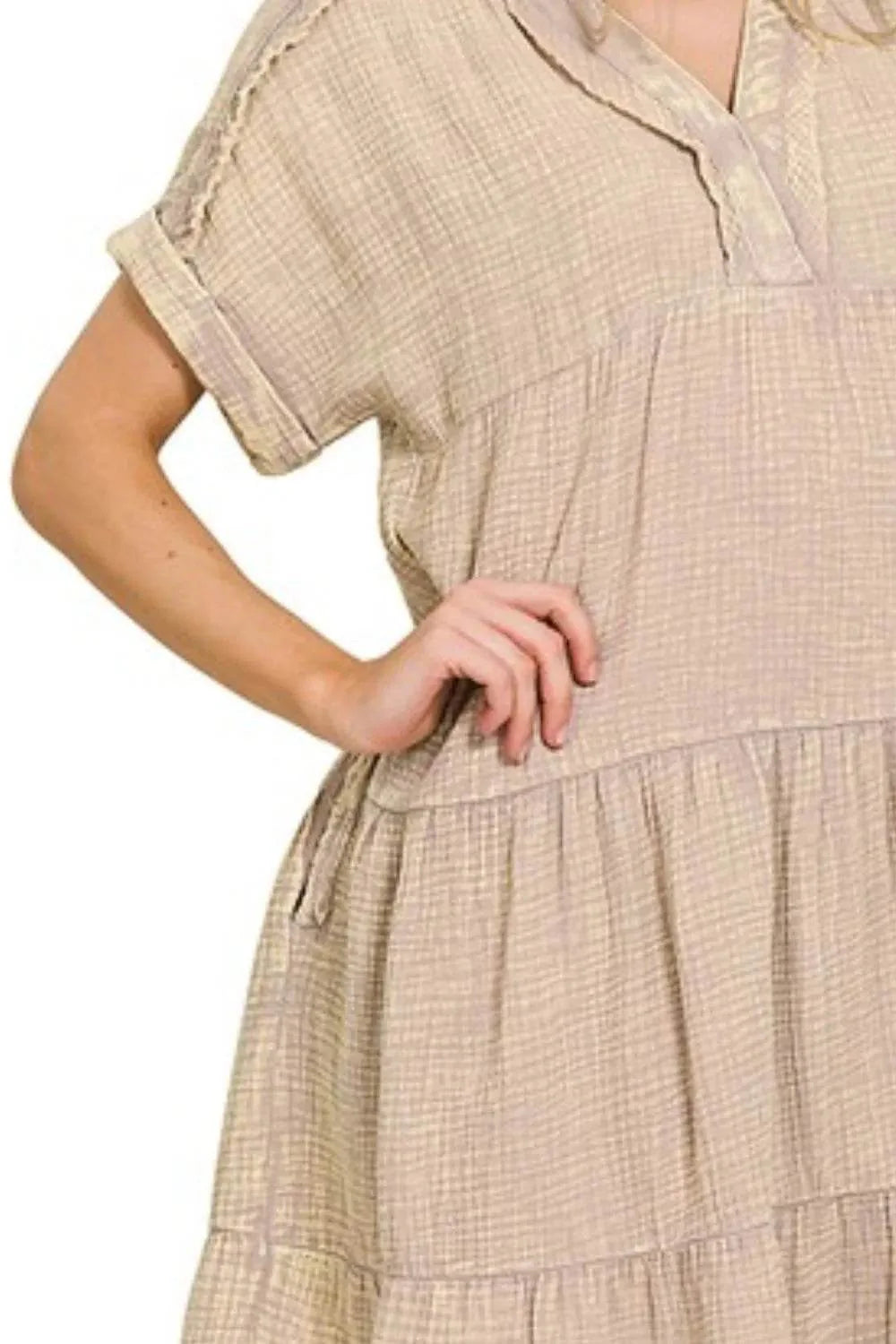 Zenana Washed Double Gauze Raw Edge Notched Dress