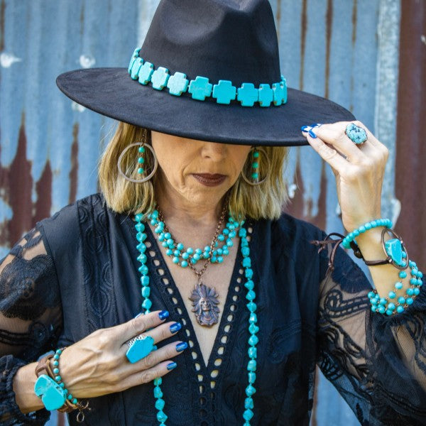 Blue Turquoise Slab on Narrow Leather Cuff