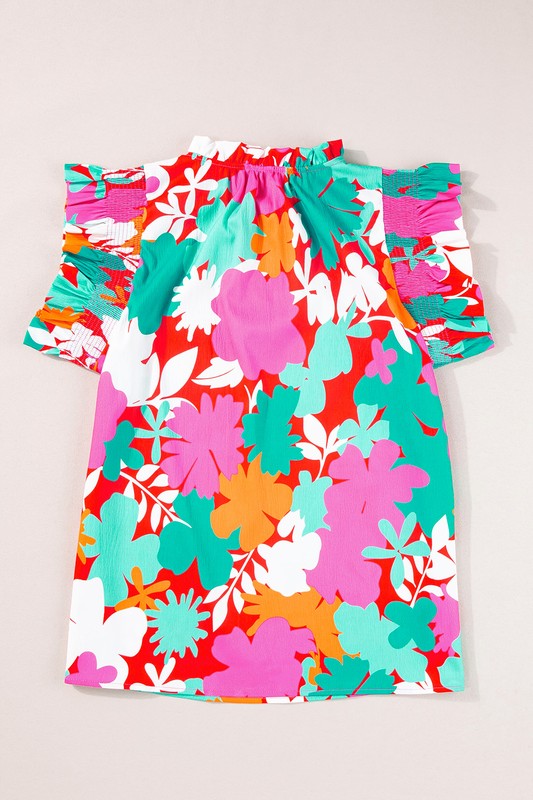 Women Floral Tie Split Neck Ruffle Trim Blouse