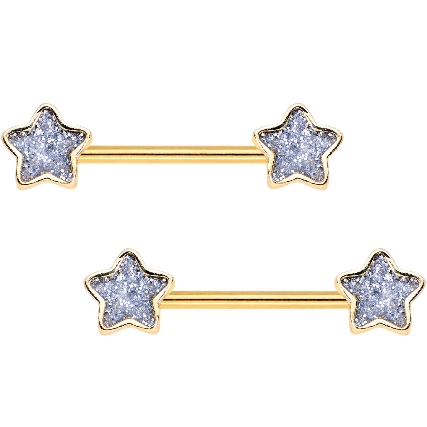 Clear Glitter Gem Gold Tone Galaxy Star Barbell Nipple Ring Set