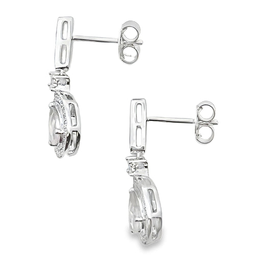 Rose Quartz Diamond Dangle Earrings 10KT White Gold