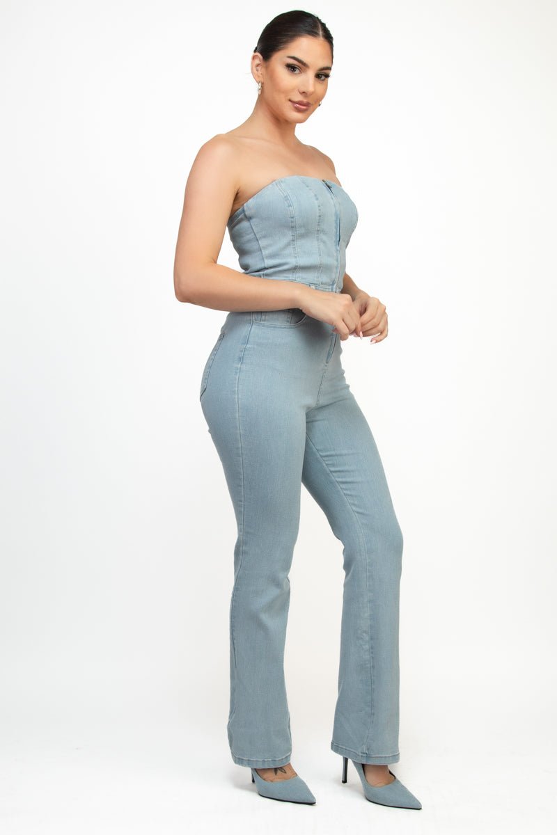 Lena Lightwash Denim Tube Strapless Stretch Zip-Up Pocketed Jumpsuit