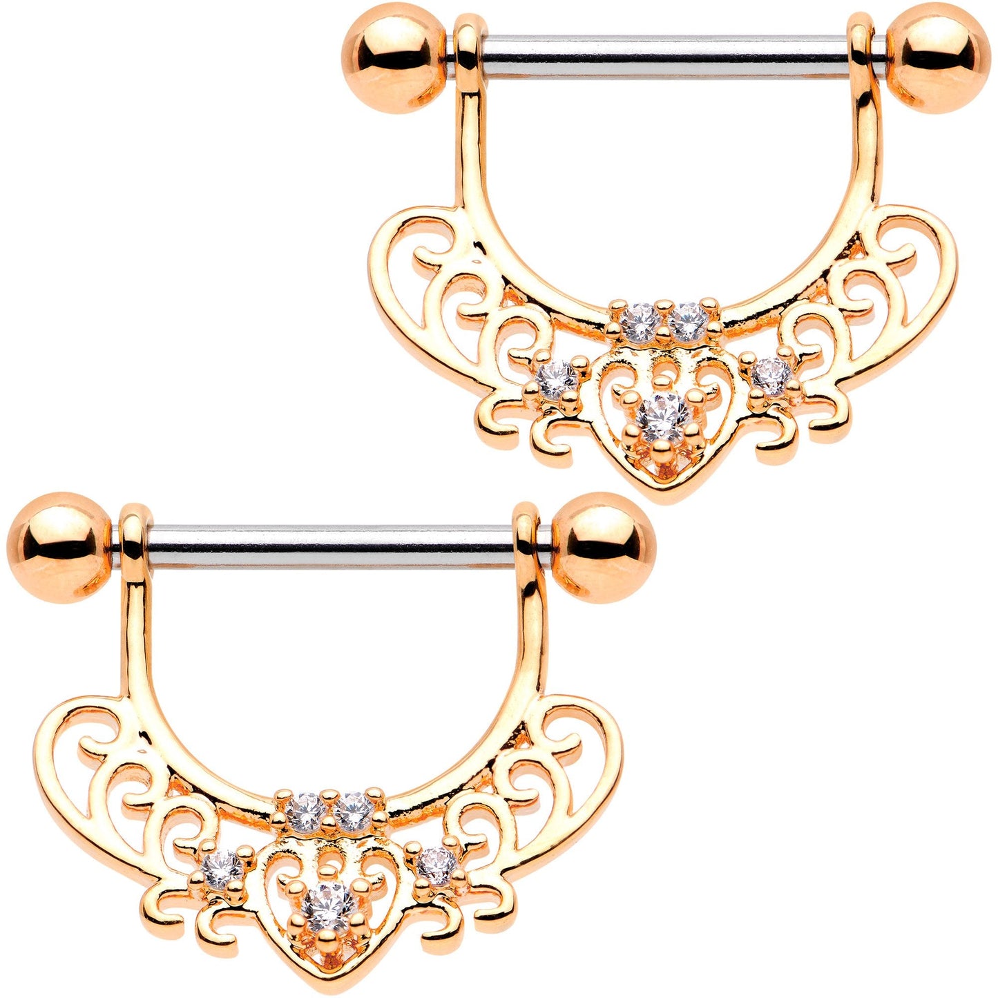 1/2 Clear CZ Gem Rose Gold Tone Mehndi Dangle Nipple Ring Set