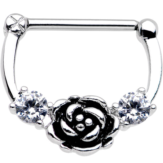 14G 9/16 Clear Gem Kissed Rose Flower Nipple Clicker Set