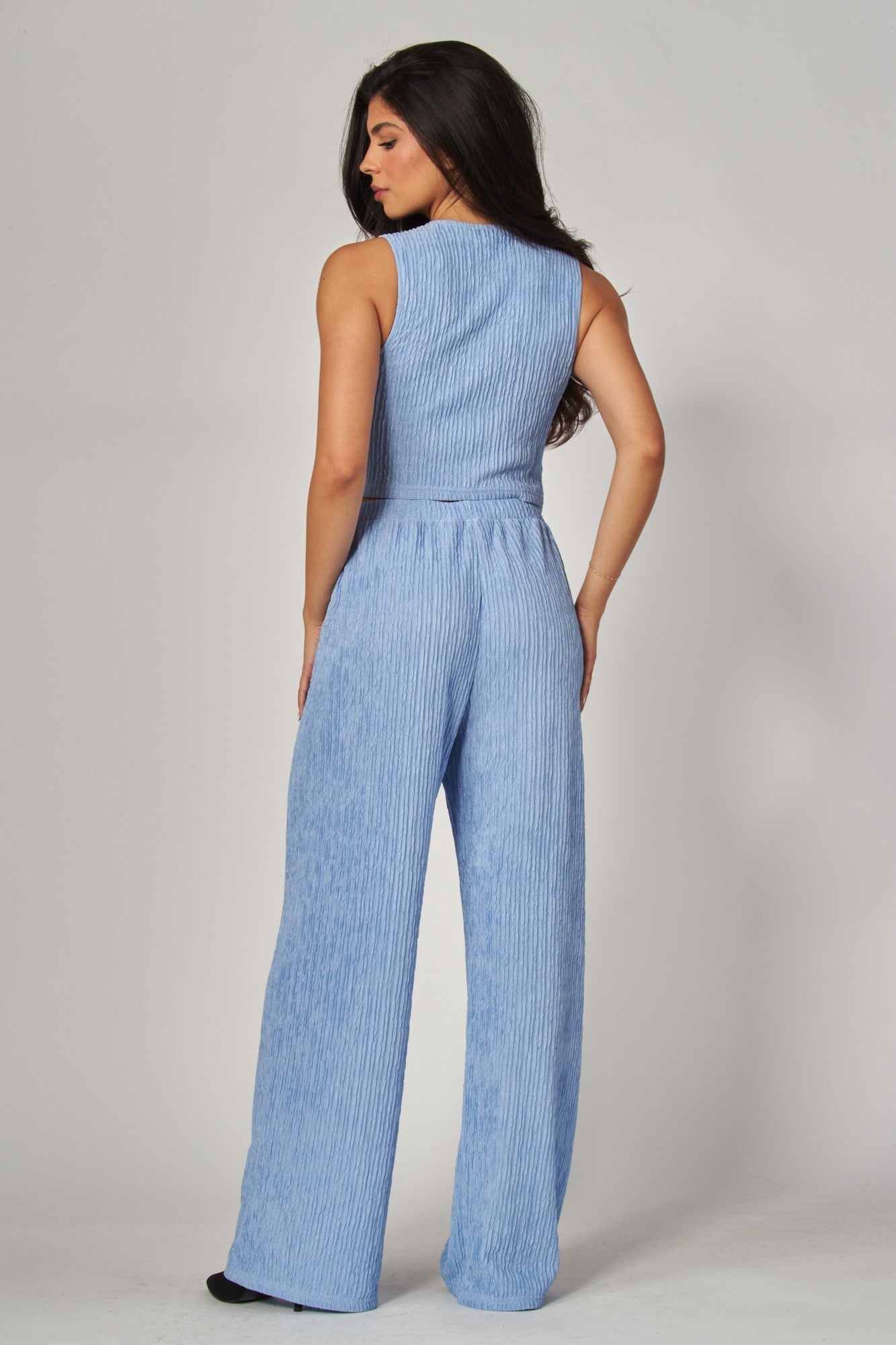 Plissé Waistcoat Top & Wide-Leg Pant Set – Chic Brunch, Work & Travel Outfit for Women