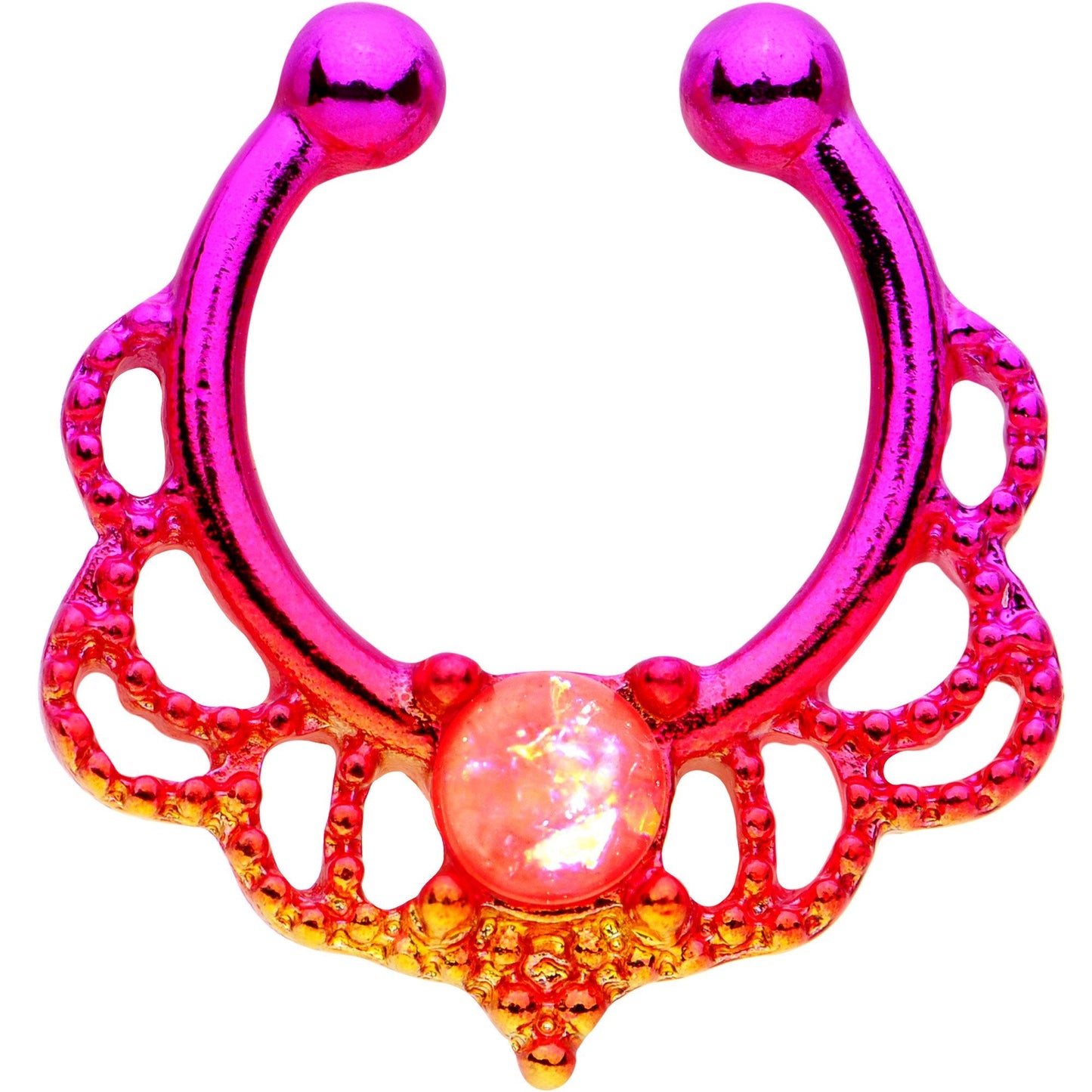 Pink Faux Opal Orange Pink Fade Filigree Clip On Fake Septum