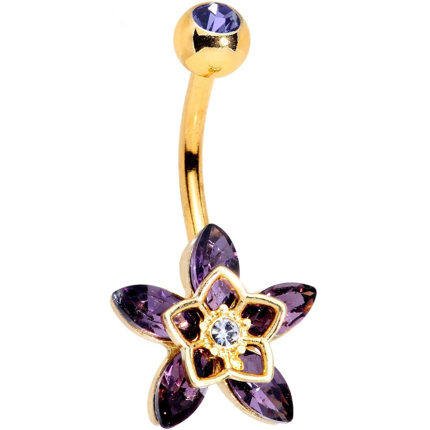 Clear Purple Gem Gold Tone Anodized Flowerburst Star Belly Ring