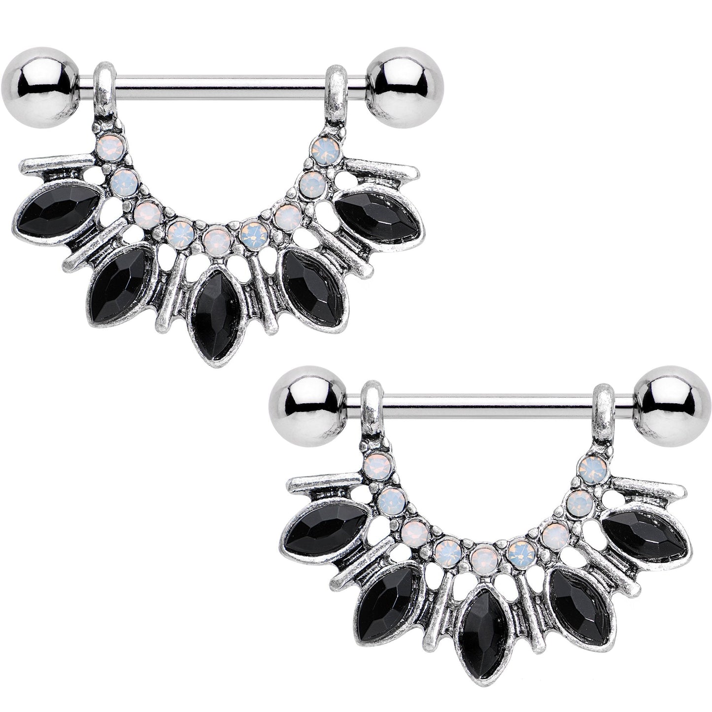 White Faux Opal Black Gem Deco Dash Nipple Shield Set