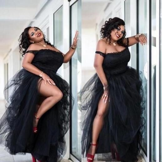 Off the shoulder black tulle evening dress slit prom gown
