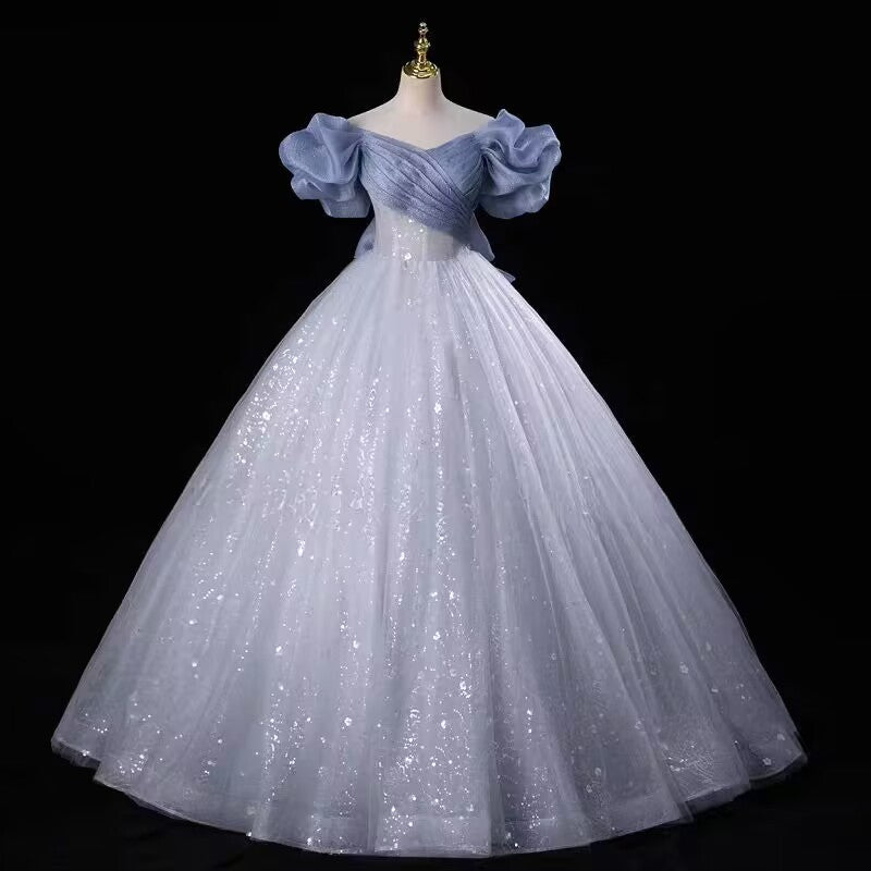 Silver grey sparkle lace tulle prom dress evening gown