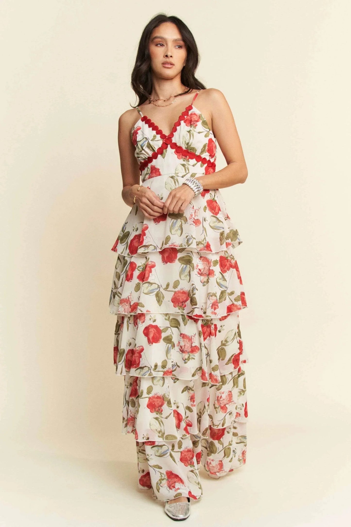 Davi & Dani Contrast Ring Lace Layered Ruffle Maxi Cami Dress