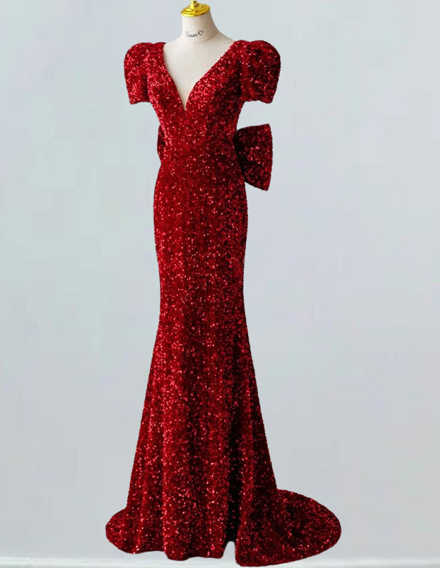 Elegant Burgundy Velvet Sequin Prom Dress | V-Neck Evening Gown with Train