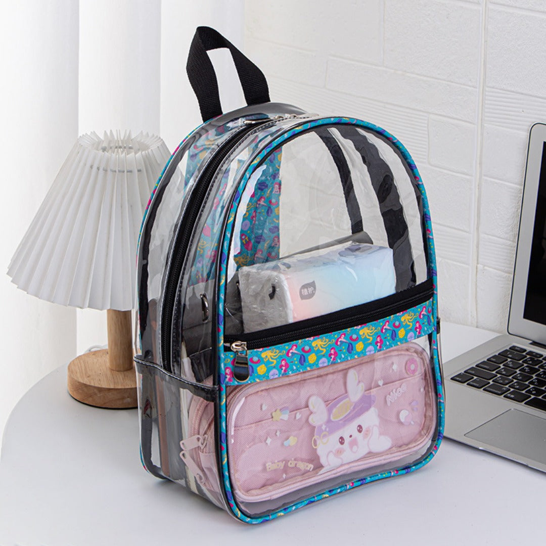 PVC transparent waterproof backpack, smiley face beauty printing student backpack, book storage shoulder travel bag