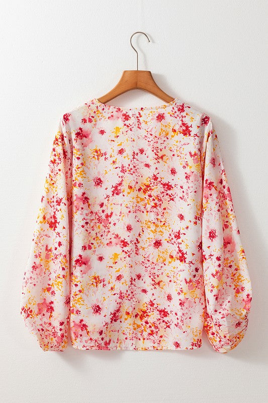 Women Pink Floral Bubble Sleeve V Neck Blouse