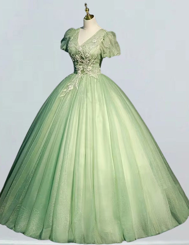 Sage green v neck short sleeve prom gown pleated beaded lace applique long wedding gown senior prom dress