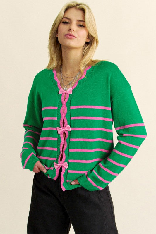 Stripe Cute Bow Detail Sweater Knit Cardigan