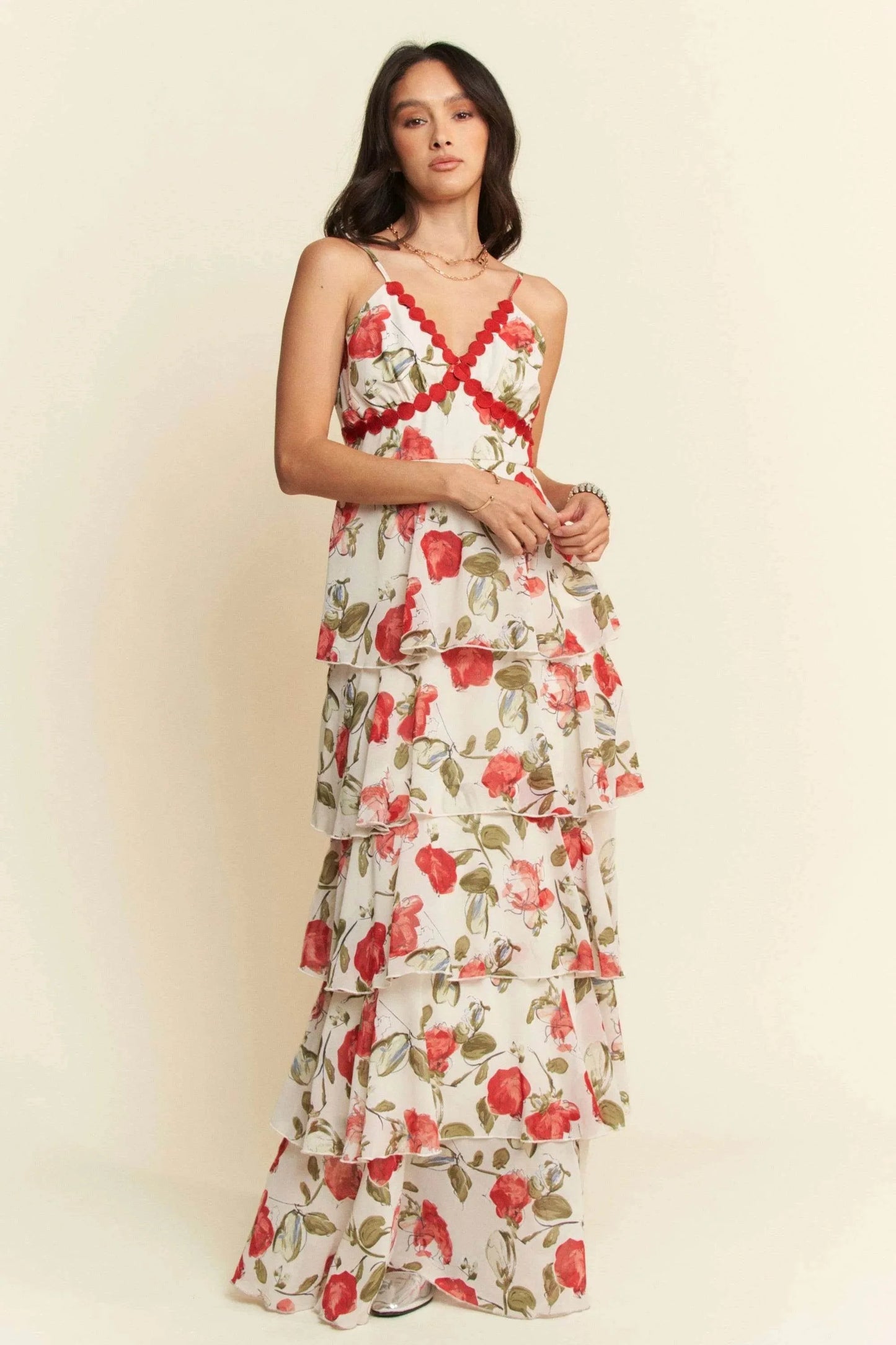Davi & Dani Contrast Ring Lace Layered Ruffle Maxi Cami Dress