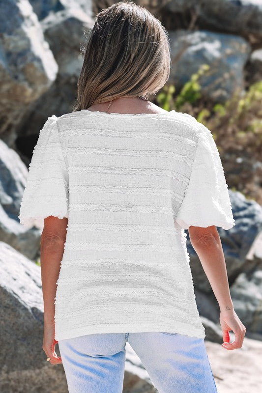 Luella Frilled Lace Trim Bubble Sleeve Blouse