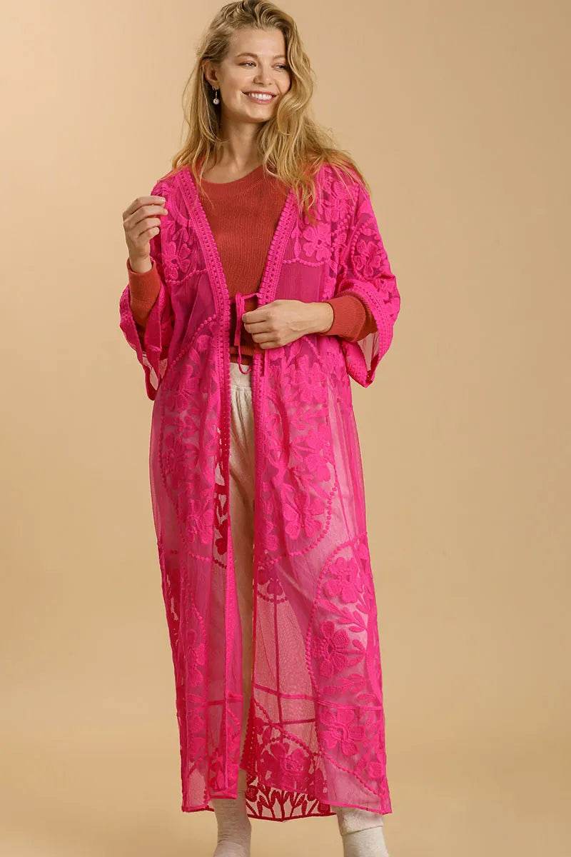 Umgee Full Size Floral Lace Open Front Long Kimono with Waist Tie Plus Size